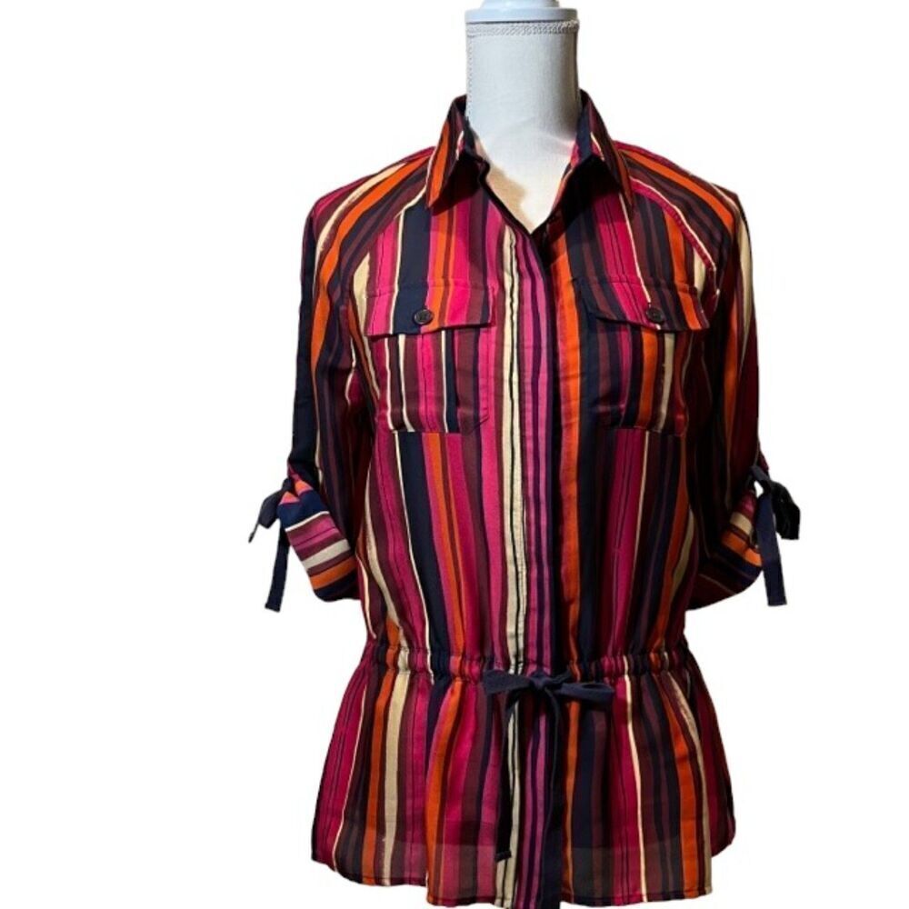 Jones New York Tie Gathered Waist Sleeve Striped Top Front Flap Collared‎ Size S